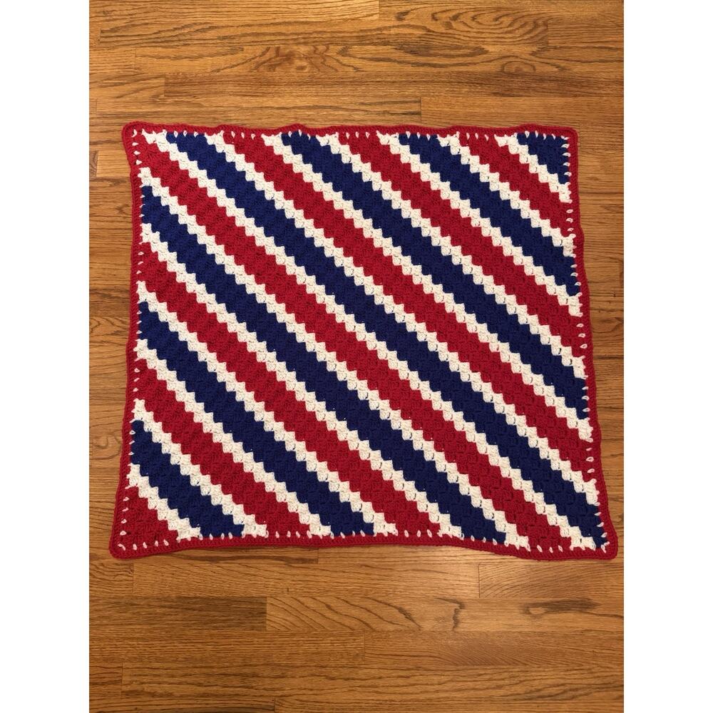 Patriotic Crochet Afghan Lap Throw 34" x 32" USA Red White Blue Small Blanket